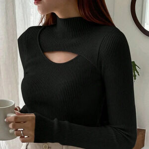 Black Casual Women's Cut Out Mock Neck Ribbed Knit Sweater